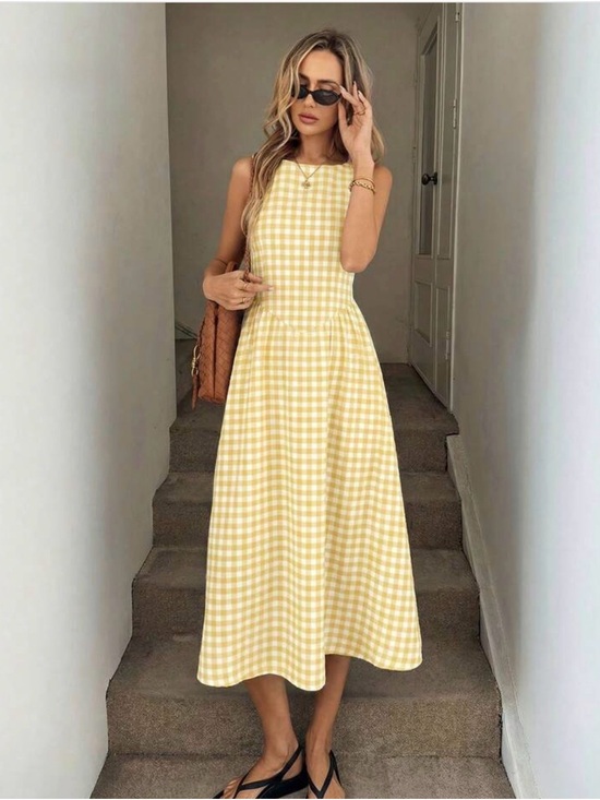 Dresses & Skirts - Sleeveless Yellow Gingham Midi Dress
